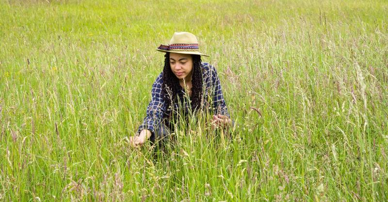 Sara Middleton in the grassland at Upper Seeds, Wytham Woods