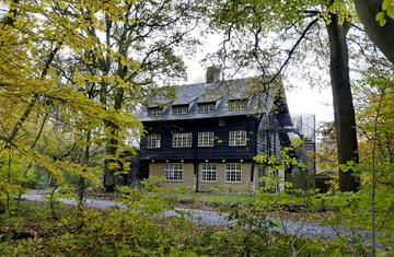 The Wytham Chalet as seen from amongst the trees.