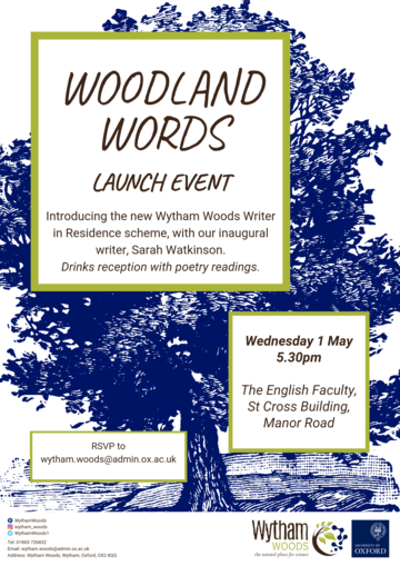 Image of poster, Woodland words launch event, blue tree with text relating to the event. 